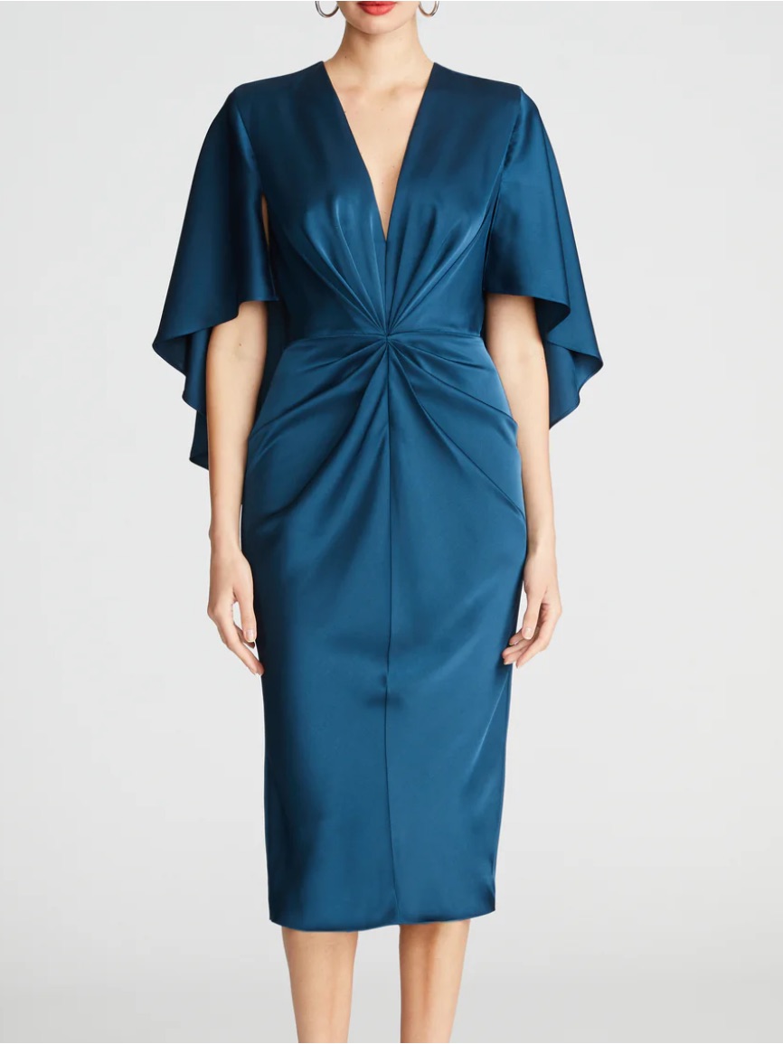 Halston Tomi Satin Cape Sleeve Midi Dress Jasper Blue Size 4 Nwt